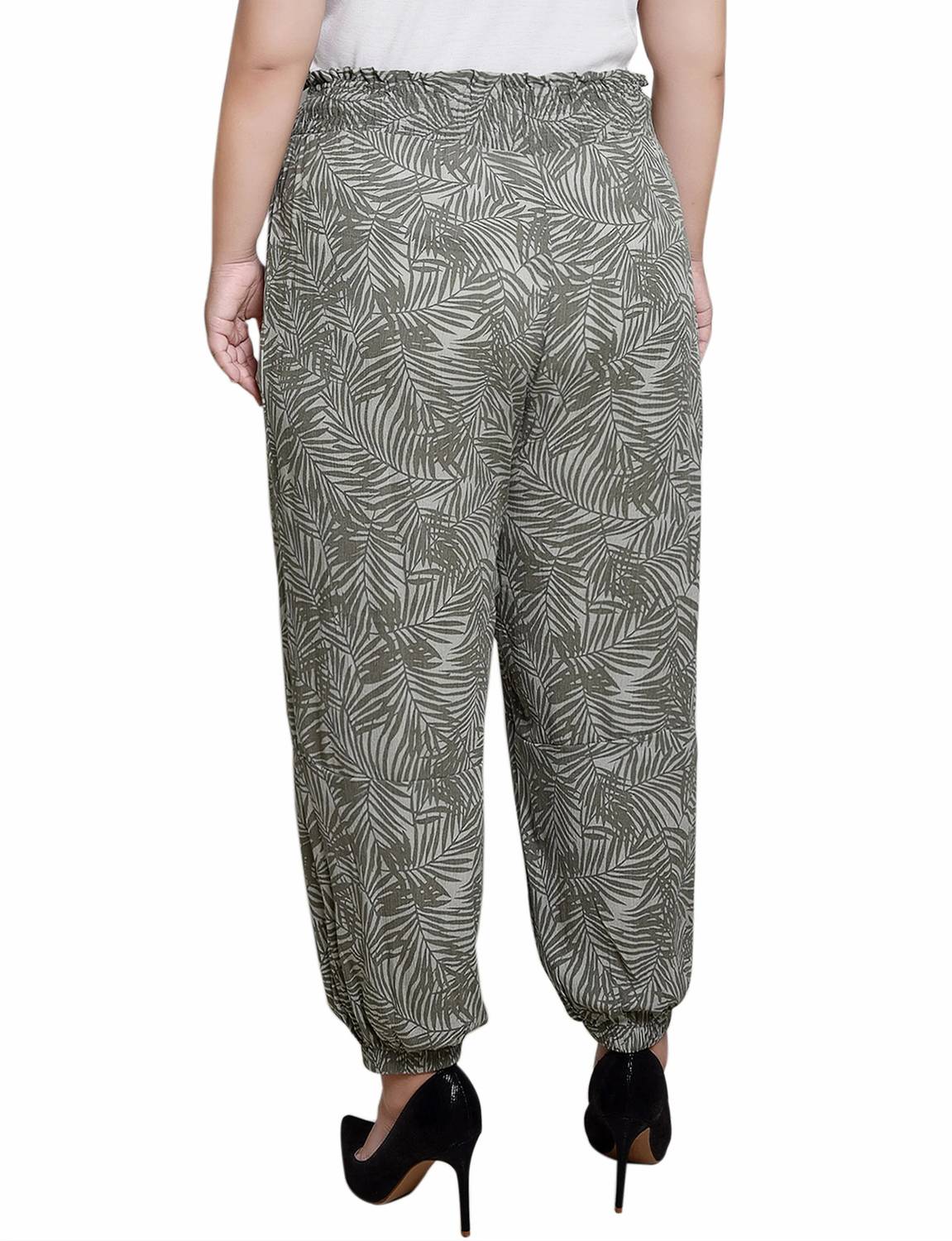 NY Collection Smock Waist Pants - Plus Size in green palms - women's pants - alternate view