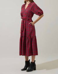 SUGARLIPS Chapman Plaid Wynette Tiered Midi Dress in red multi - women's dress - alternate view