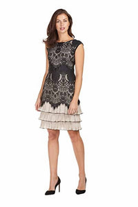 Frank Lyman - Champagne and Black Lace Overlay Evening Dress