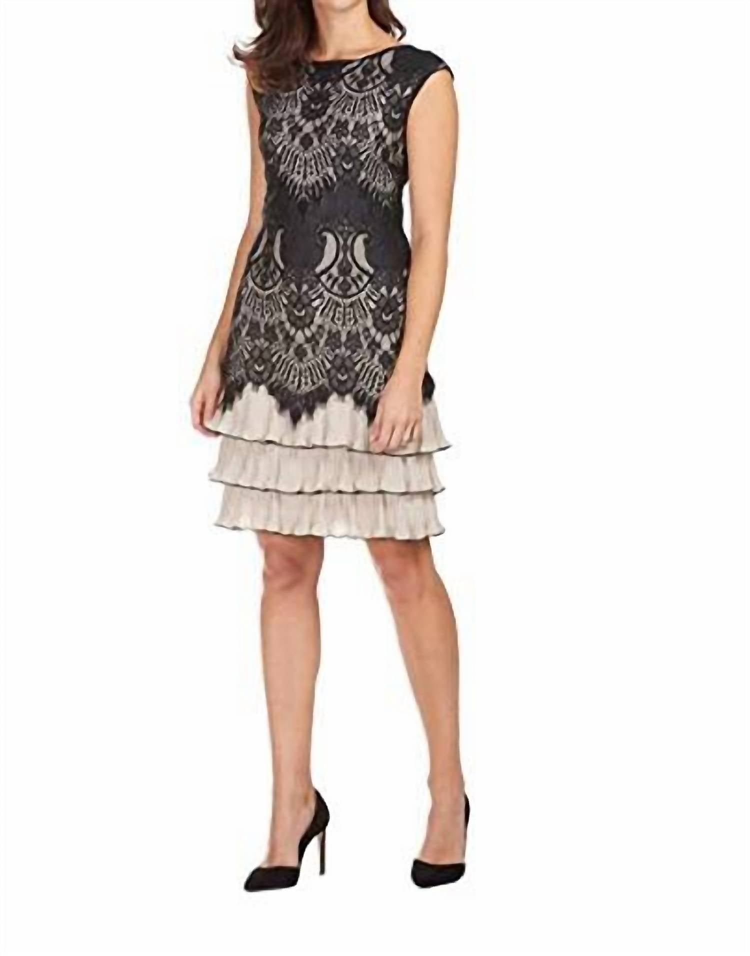 Frank Lyman - Champagne and Black Lace Overlay Evening Dress