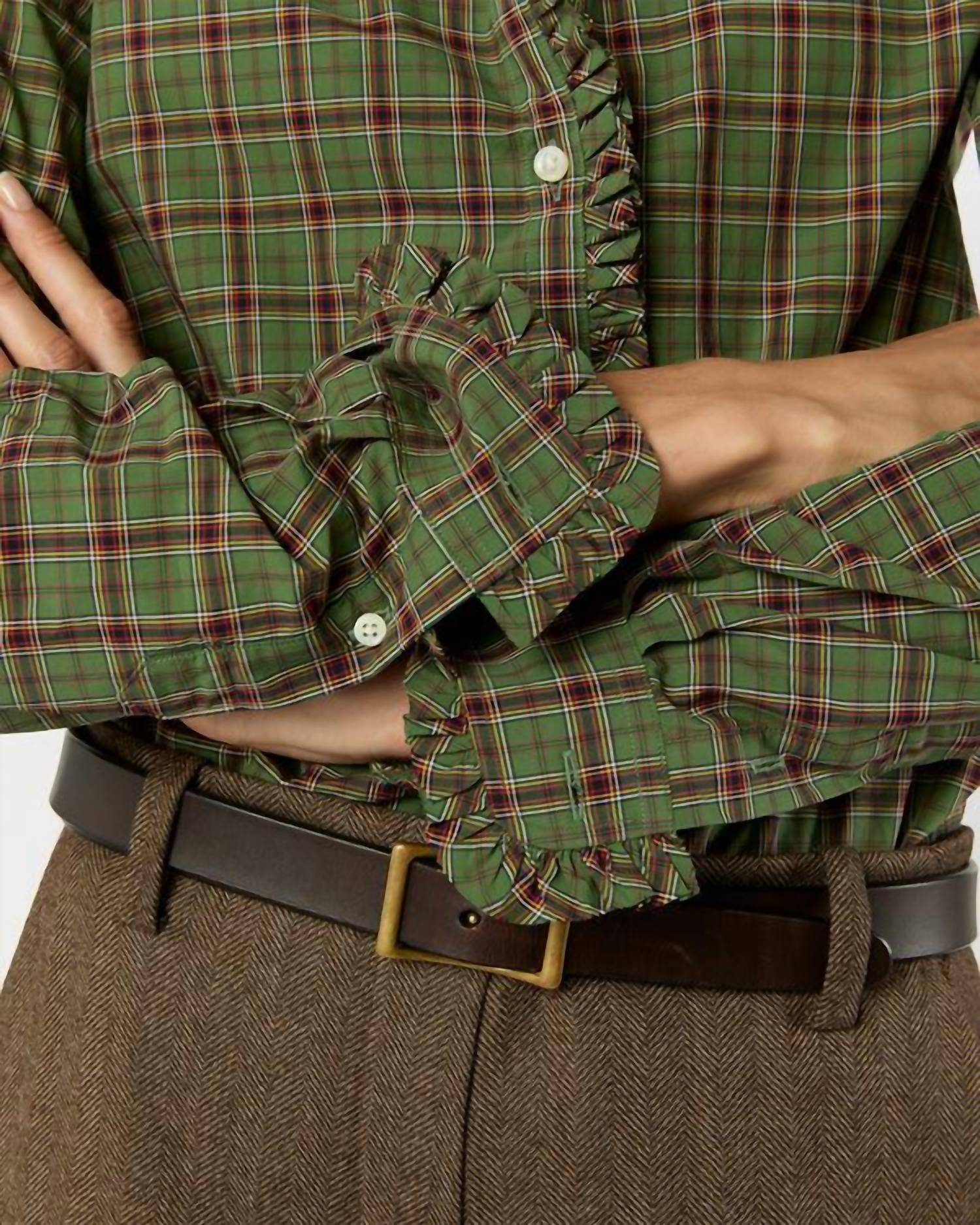 Ann Mashburn Frill Shirt in green red plaid poplin - women's shirt - view 4
