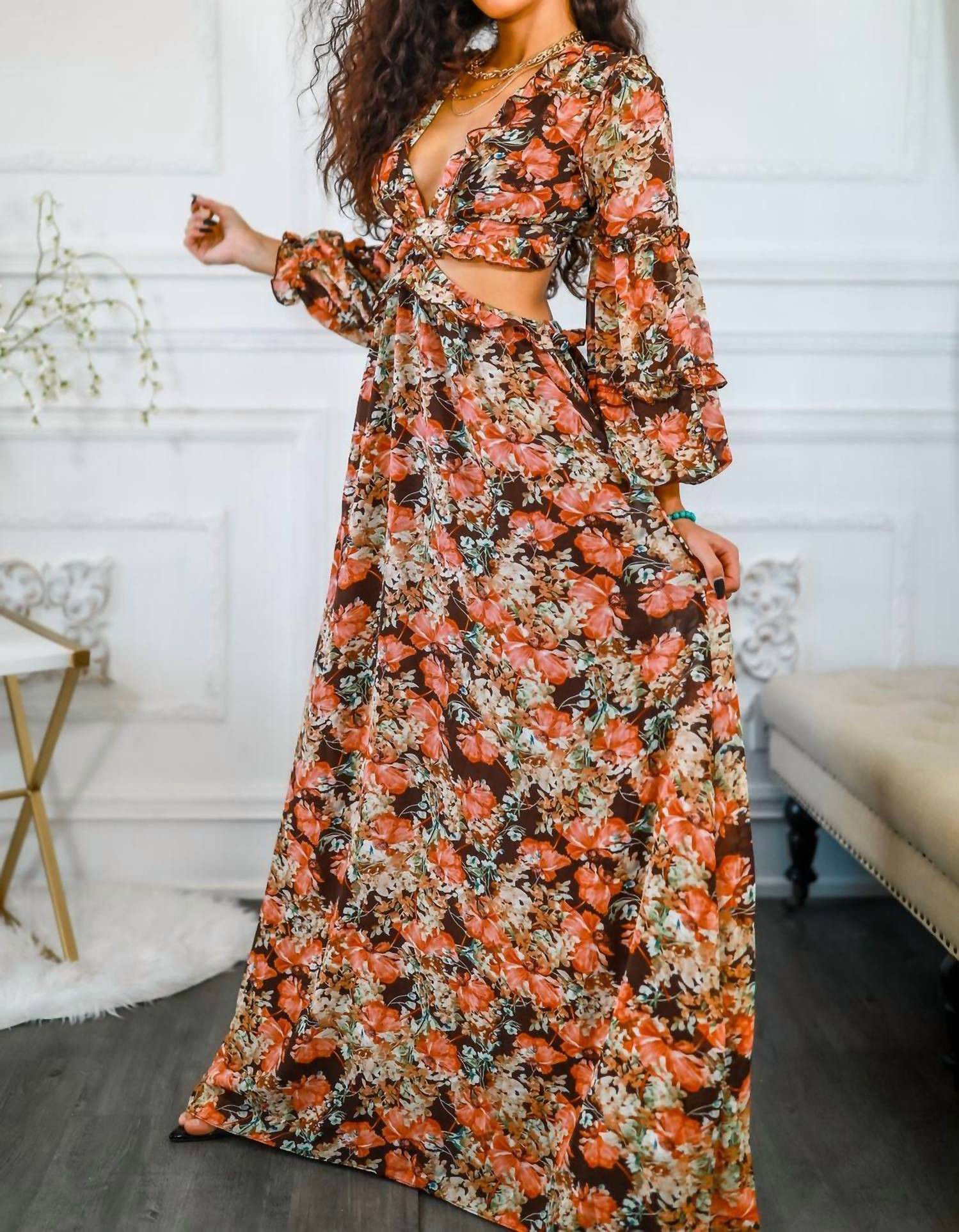 Surelymine - Floral Scent Cut Out Maxi Dress