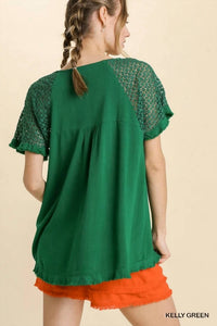 Umgee - Linen Blend Floral Crochet Sleeve Top