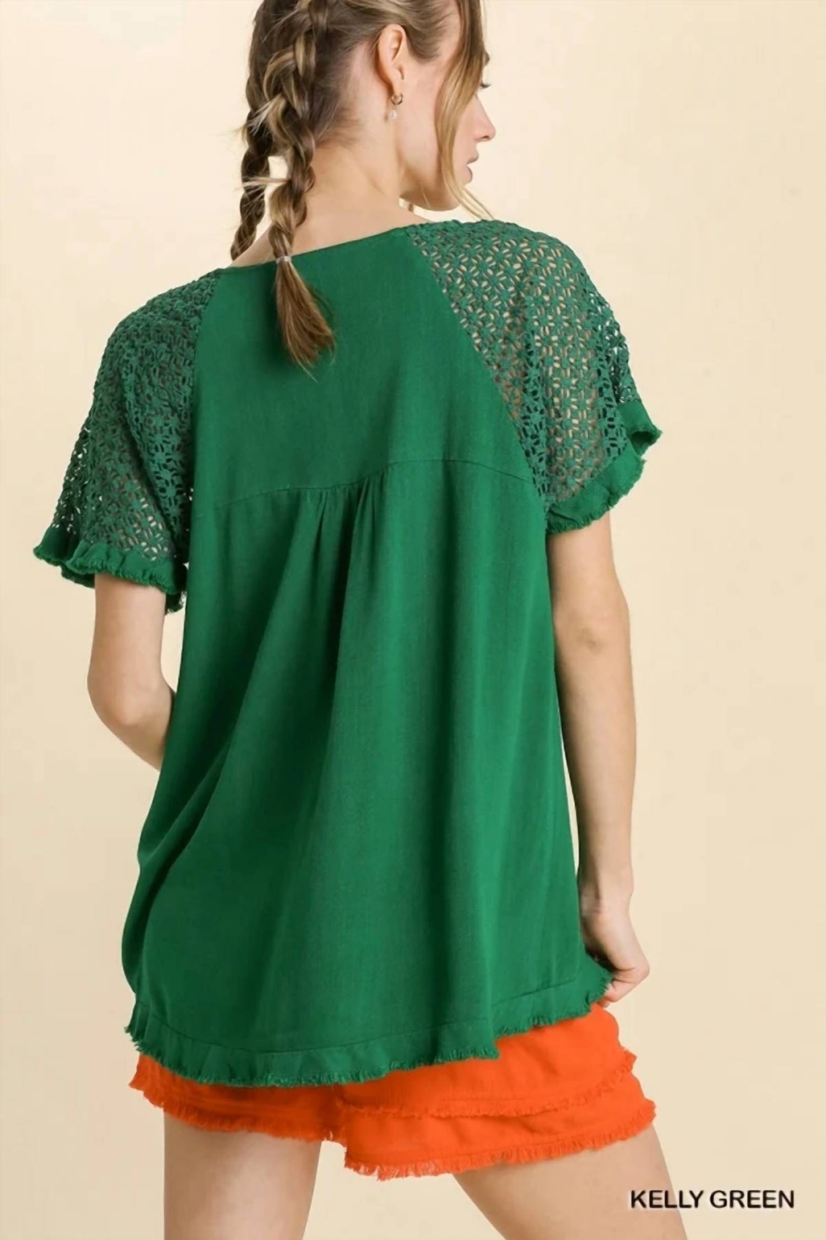 Umgee - Linen Blend Floral Crochet Sleeve Top