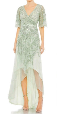 MAC DUGGAL Sequined Butterfly Sleeve High Low Gown in sage green - women's dress