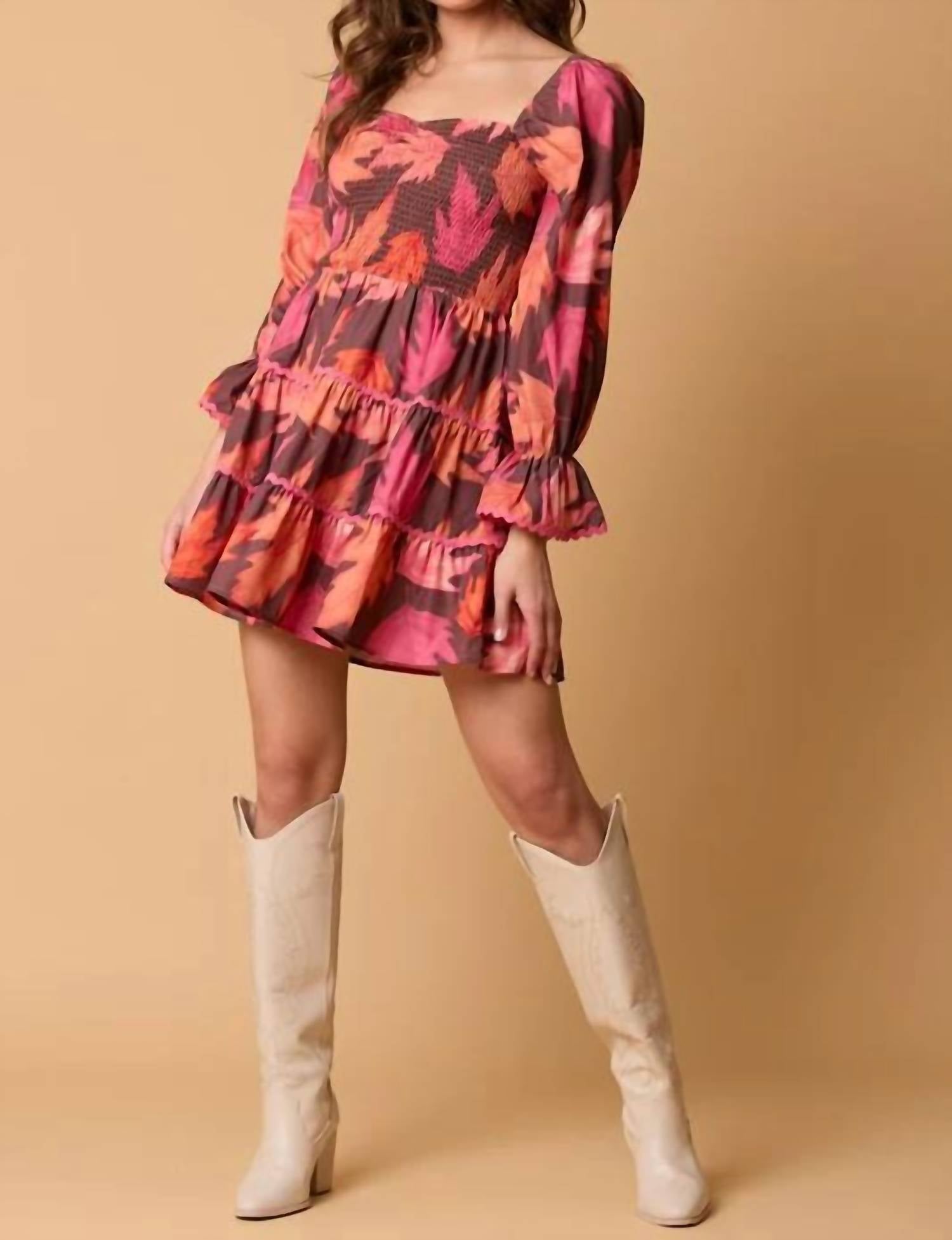 Fantastic Fawn - Long Sleeve Leaf Print Dress