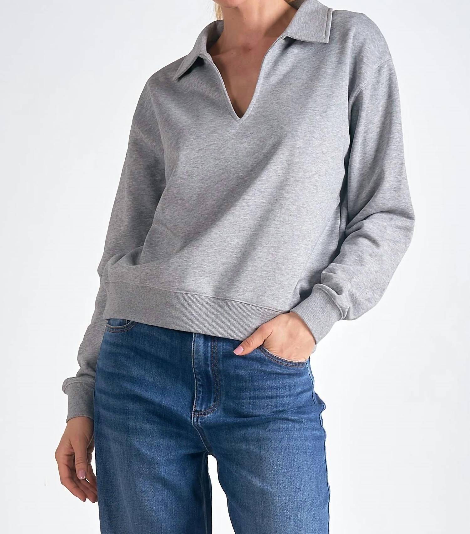 Elan - Collared V-neck Sweatshirt Top