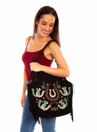 Scully Women's Fringe Suede Handbag Embroidered Tote in black - women's bag - alternate view