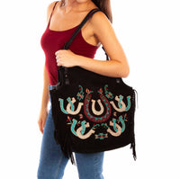 Scully Women's Fringe Suede Handbag Embroidered Tote in black - women's bag - detail view
