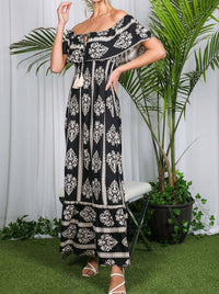 Vine & Love - Geo Printed Off The Shoulder Tassel Trim Dress