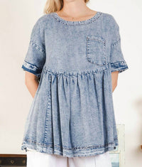 Blue Velvet Babydoll Washed Top With Pockets in blue - women's blouse - view 4