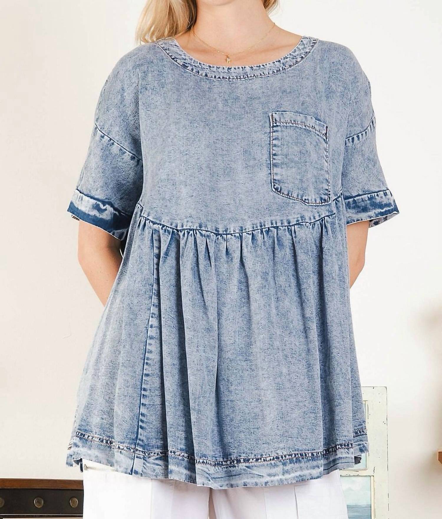 Blue Velvet Babydoll Washed Top With Pockets in blue - women's blouse - view 4
