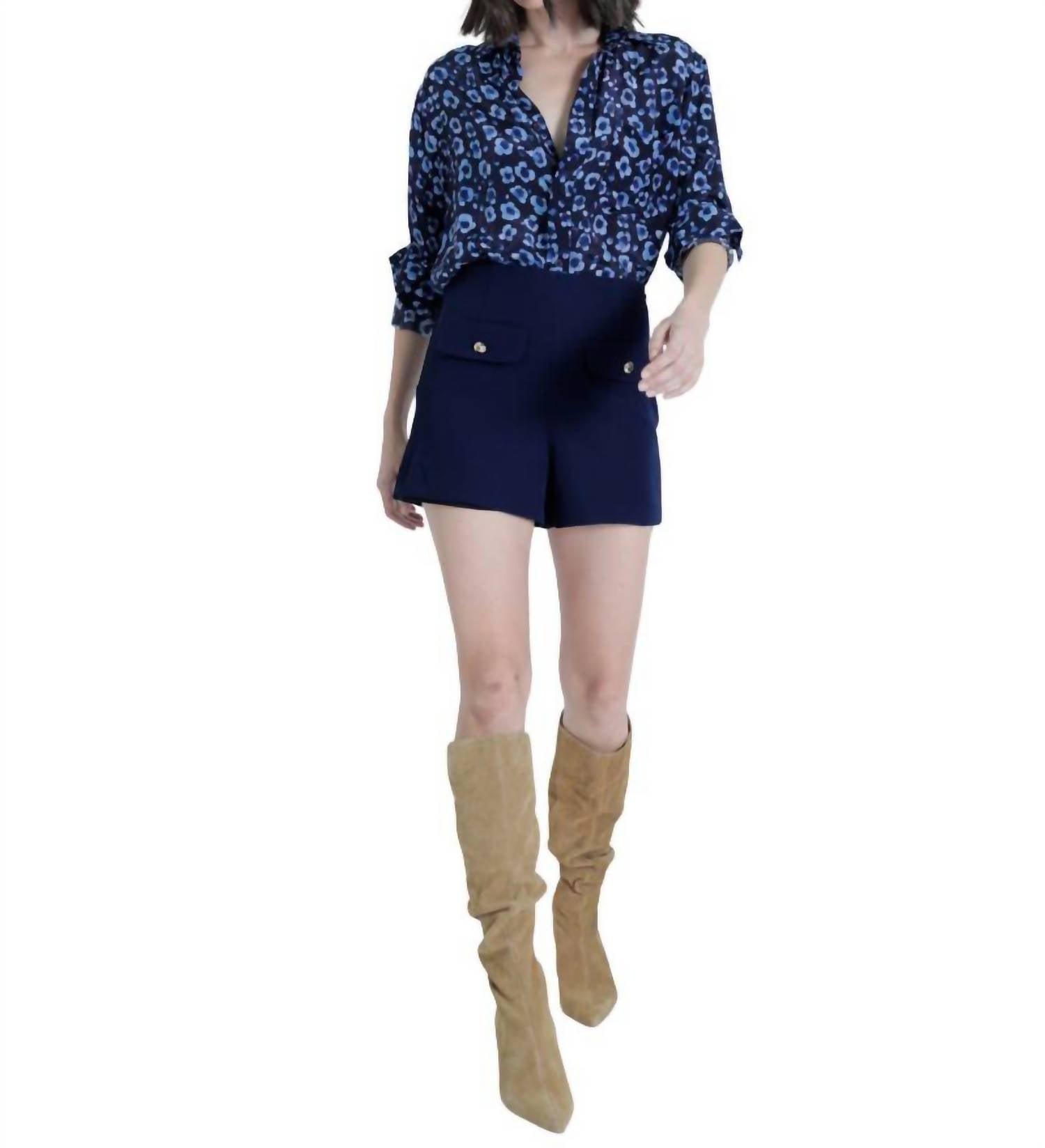 Karina Grimaldi Gigi High Waisted Shorts in navy - women's shorts - detail view