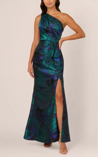 Adrianna Papell - One Shoulder Jacquard Mermaid Gown With Drape Detail