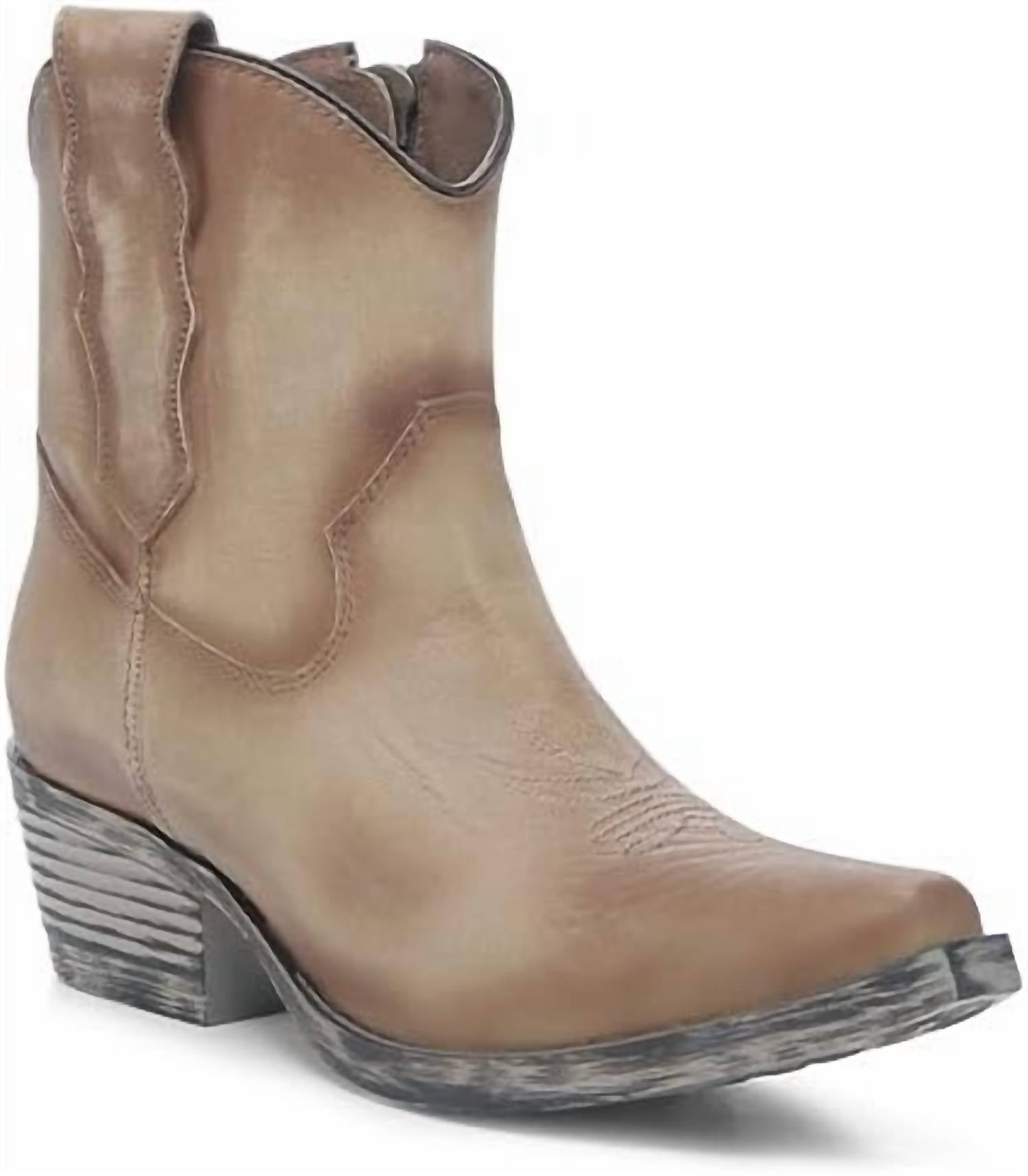 Corral Women's Burnished Short Zip Cowgirl Boot in distressed almond - women's shoe - detail view