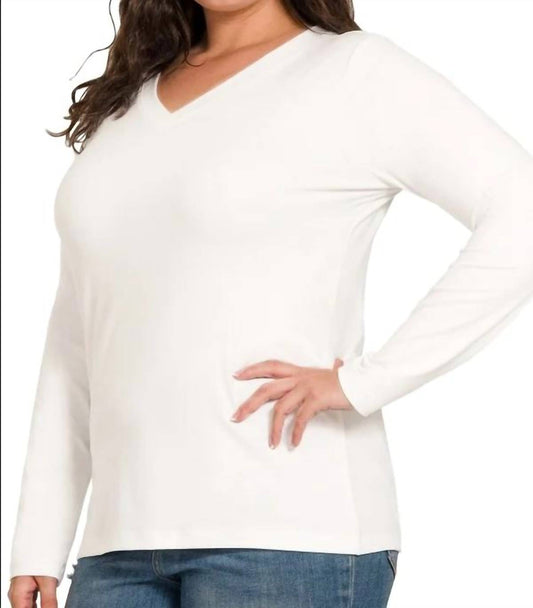 Zenana - Back to Basic V-Neck Long Sleeve Tee - Plus