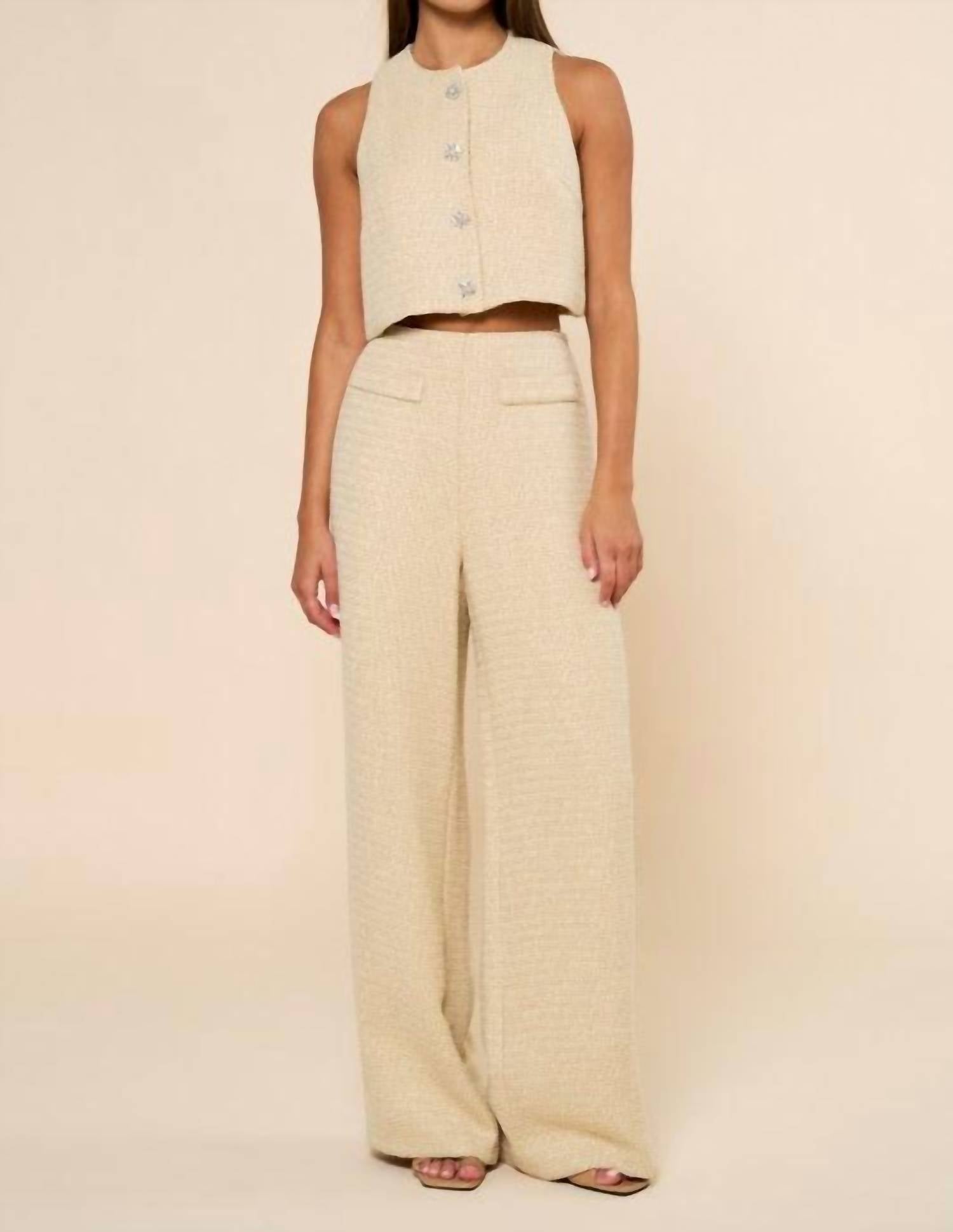Lalavon - Sleeveless Tweed Vest And Long Pants Set