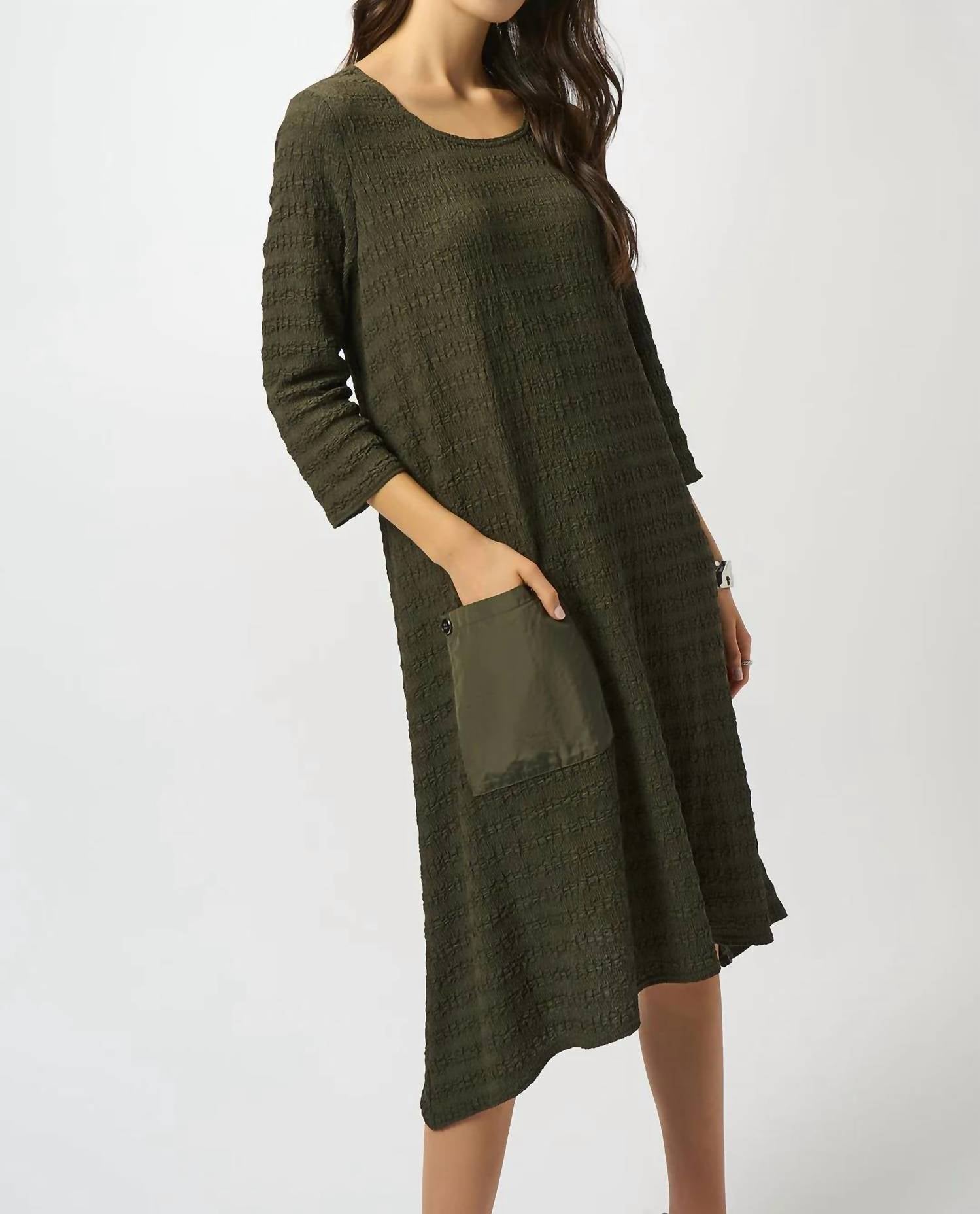 Joseph Ribkoff 3/4 Sleeve Scoop Neck A-line Asymmetrical Dress in avocado - women's dress - detail view