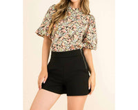 Thml - Floral Print Puff Sleeve High Neck Top With Short Sleeve