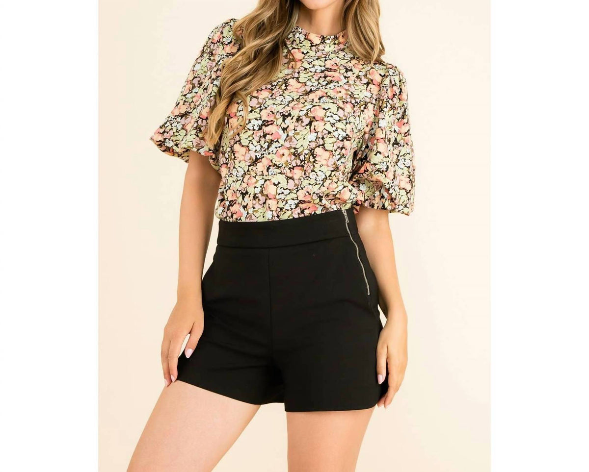 Thml - Floral Print Puff Sleeve High Neck Top With Short Sleeve