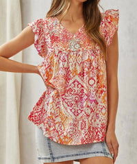 Savannah Jane - Babydoll Print Top with Floral Embroidery