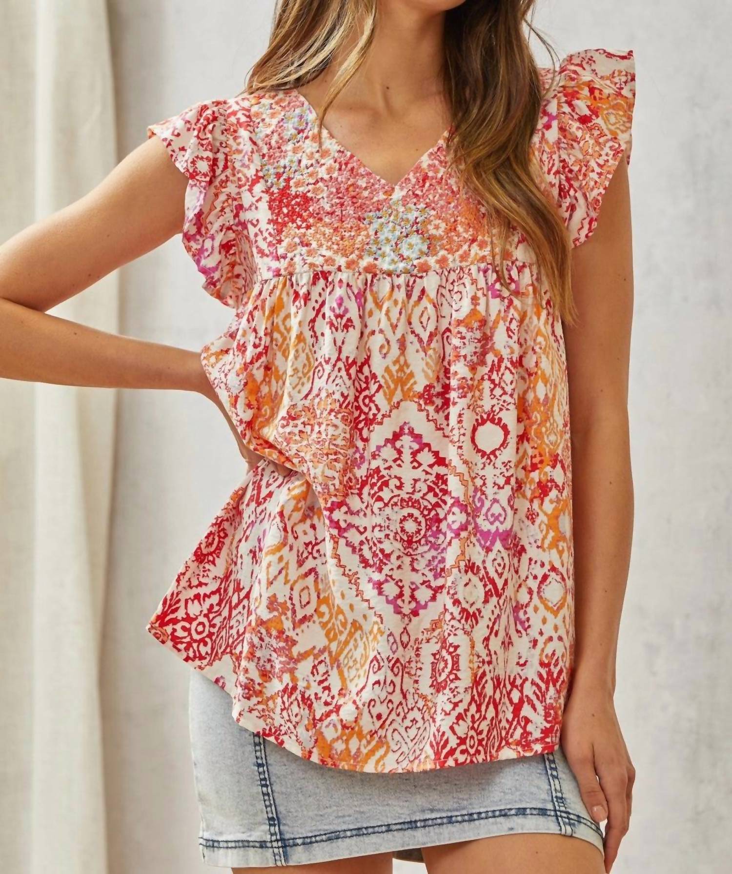 Savannah Jane - Babydoll Print Top with Floral Embroidery