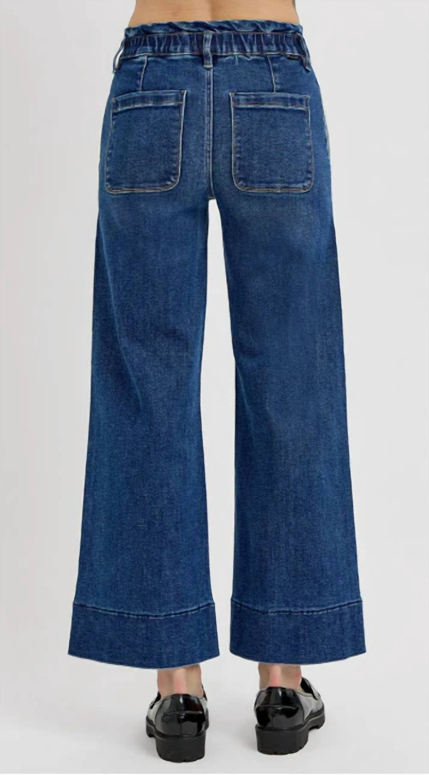 Risen - Elastic Band Crop Wide Ruffle Band Jeans