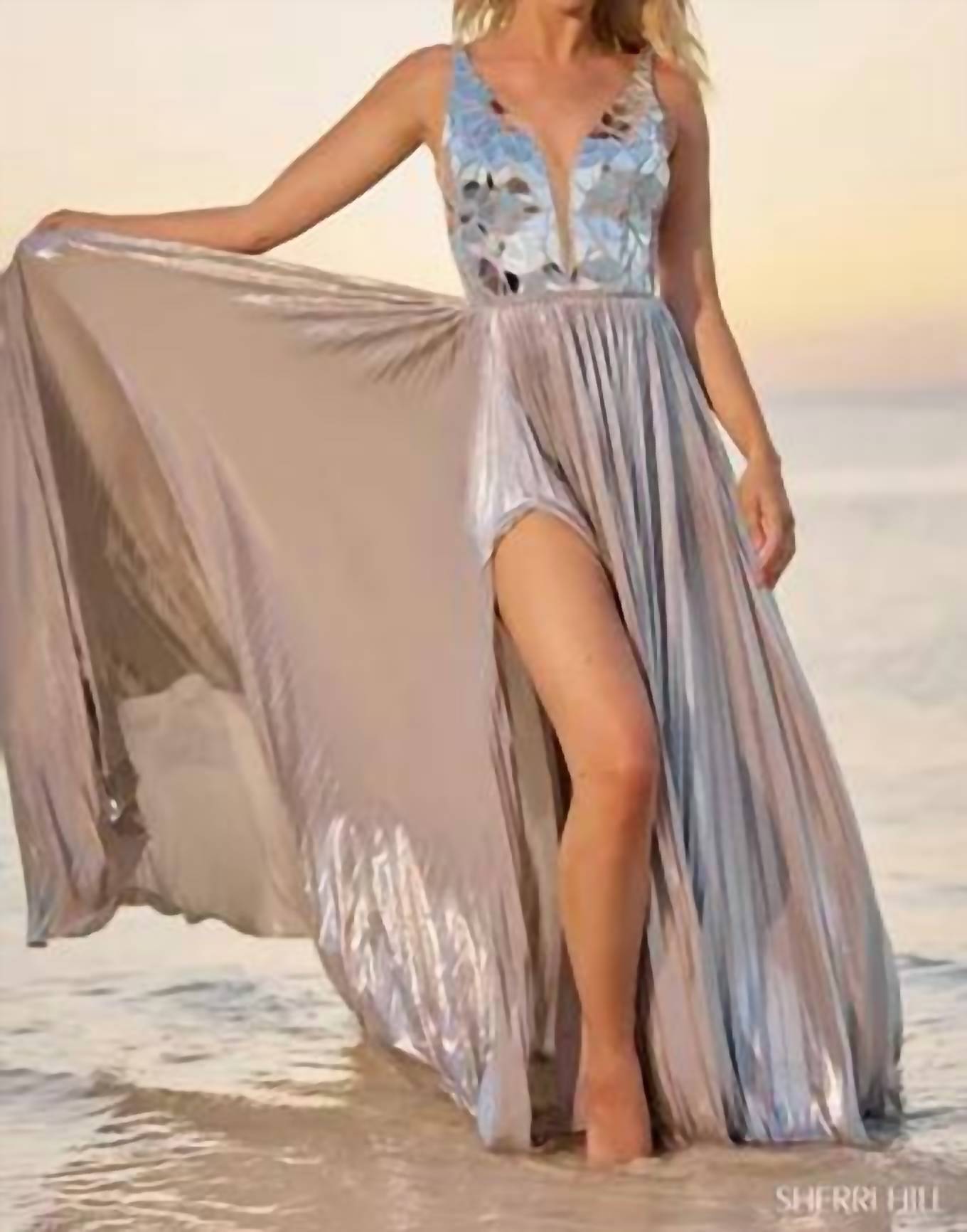 Sherri Hill Metallic Pleated Gown With Glass Cut Bodice in silver - women's dress - detail view