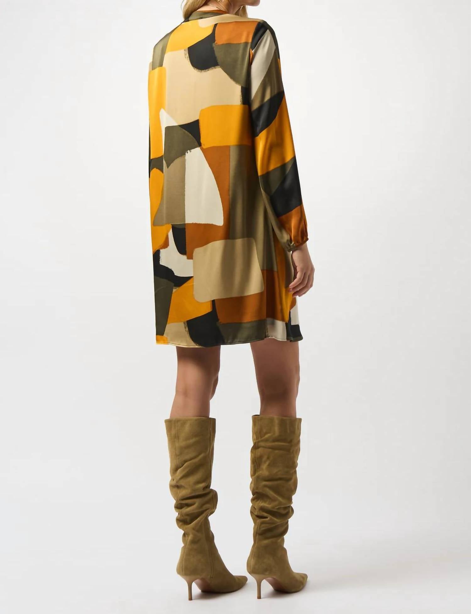 Joseph Ribkoff Geometric Long Sleeve Trapeze Dress in black multi 1 - women's dress - detail view