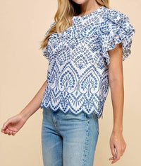Tcec - Embroidered Eyelet Ruffle Sleeves Top