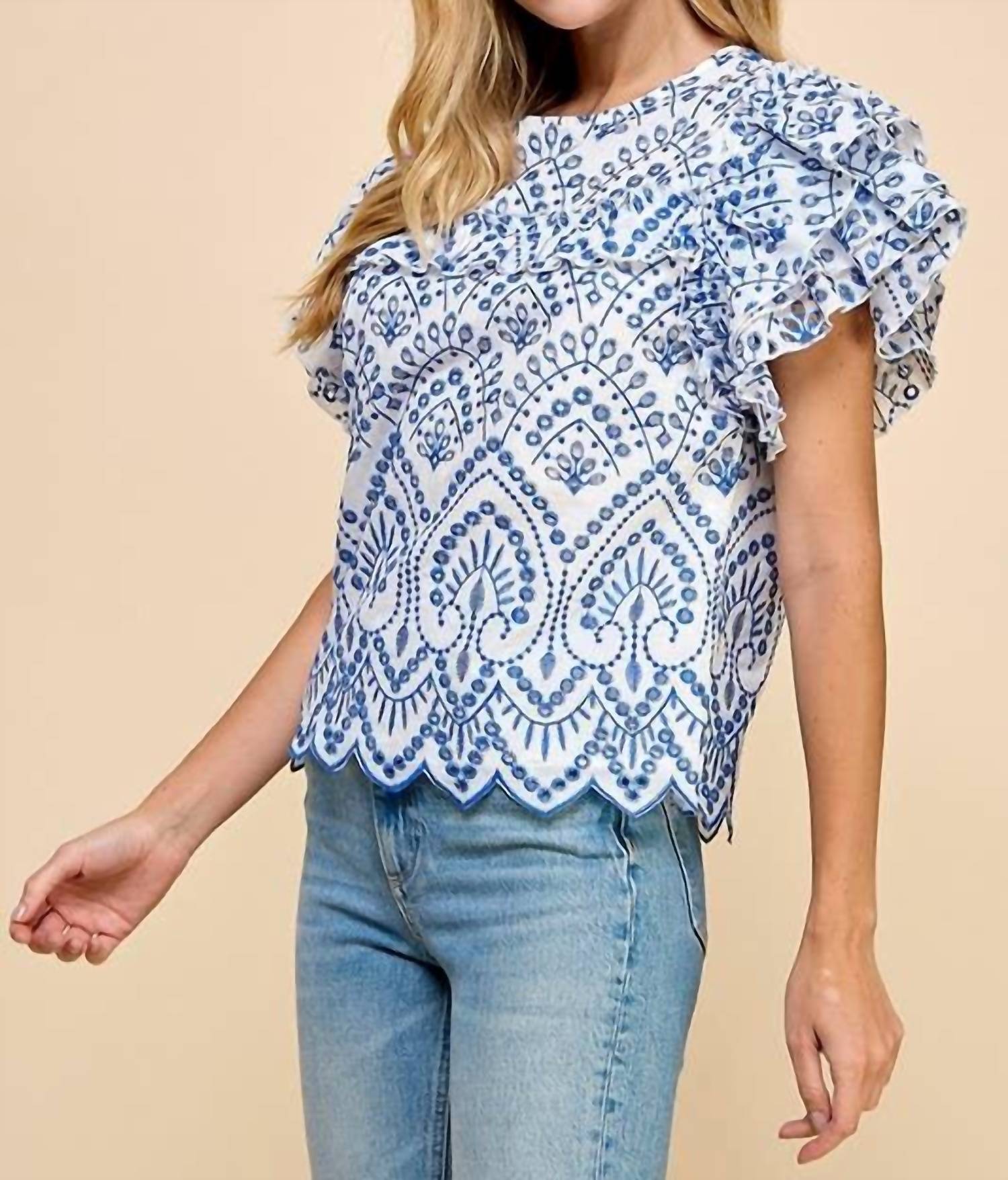Tcec - Embroidered Eyelet Ruffle Sleeves Top