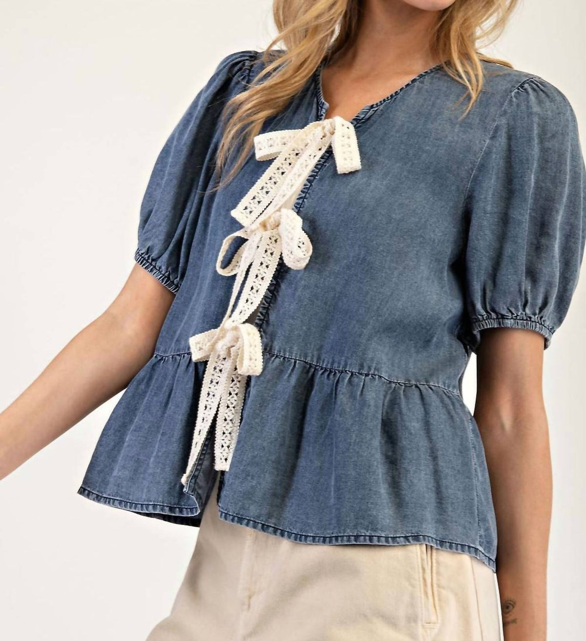 Ee:Some - Better With Lace Bow Denim Top