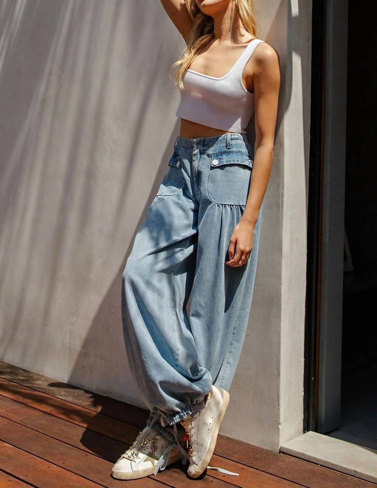 Ee:Some - Mineral Washed Denim Cinch Pants