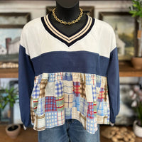 Ee:Some - Mix Plaid Poplin Balloon Sleeve Top