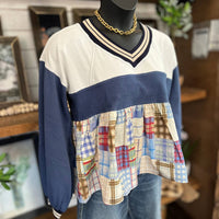Ee:Some - Mix Plaid Poplin Balloon Sleeve Top