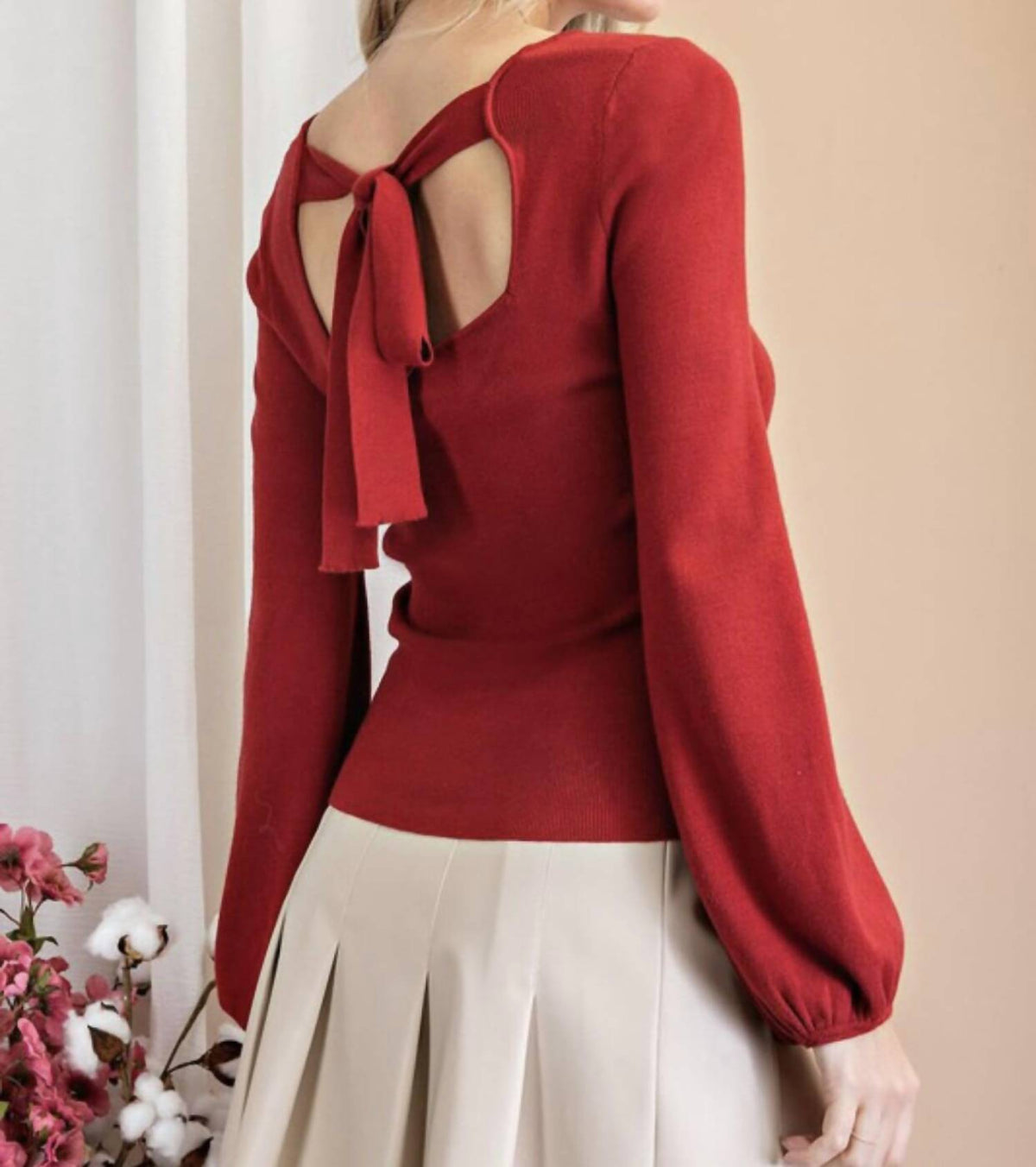 Ee:Some - Penny Puff Sleeve Back Tie Sweater Top