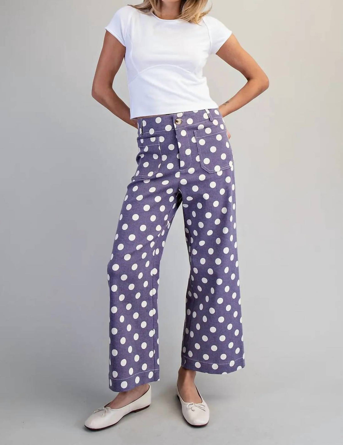 Ee:Some - Polka Dot Printed High Waisted Pants