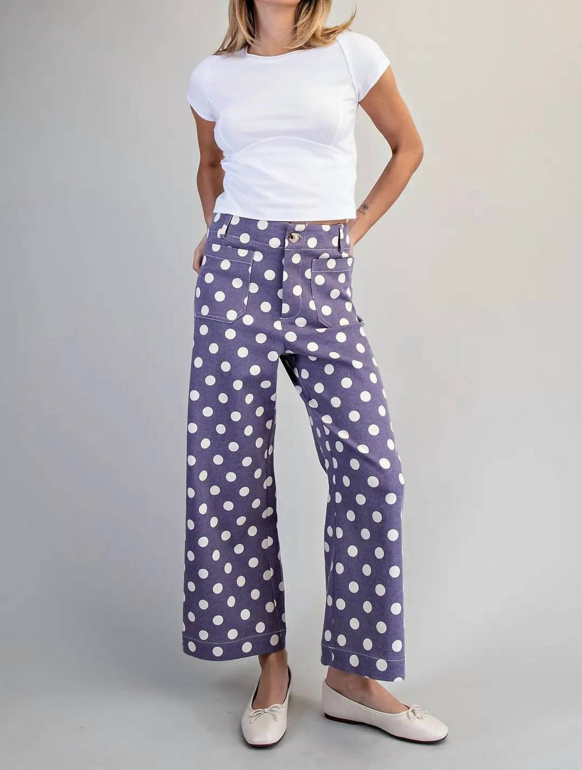 Ee:Some - Polka Dot Printed High Waisted Pants
