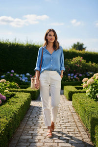 Ee:Some - Striped Button Down Back Pleat Blouse
