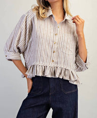 Ee:Some - Striped Button Down Ruffled Hem Shirt