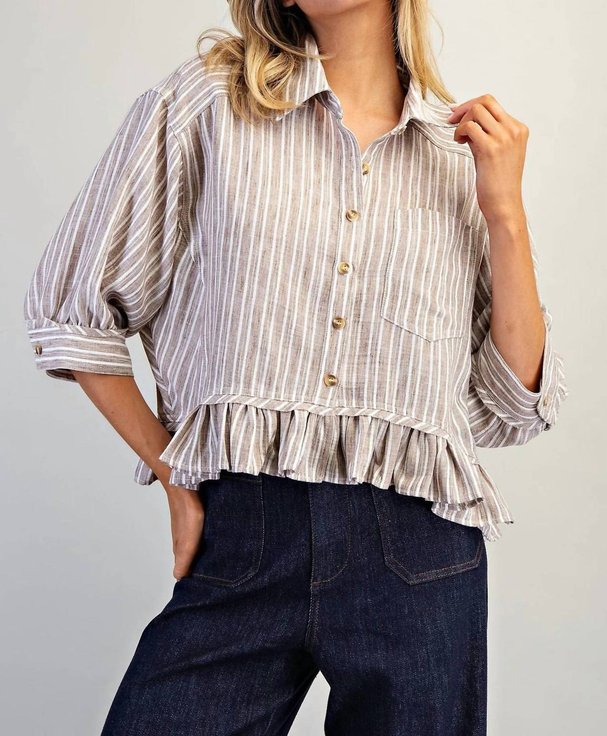 Ee:Some - Striped Button Down Ruffled Hem Shirt