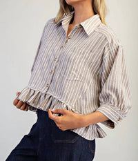 Ee:Some - Striped Button Down Ruffled Hem Shirt