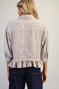 Ee:Some - Striped Button Down Ruffled Hem Shirt