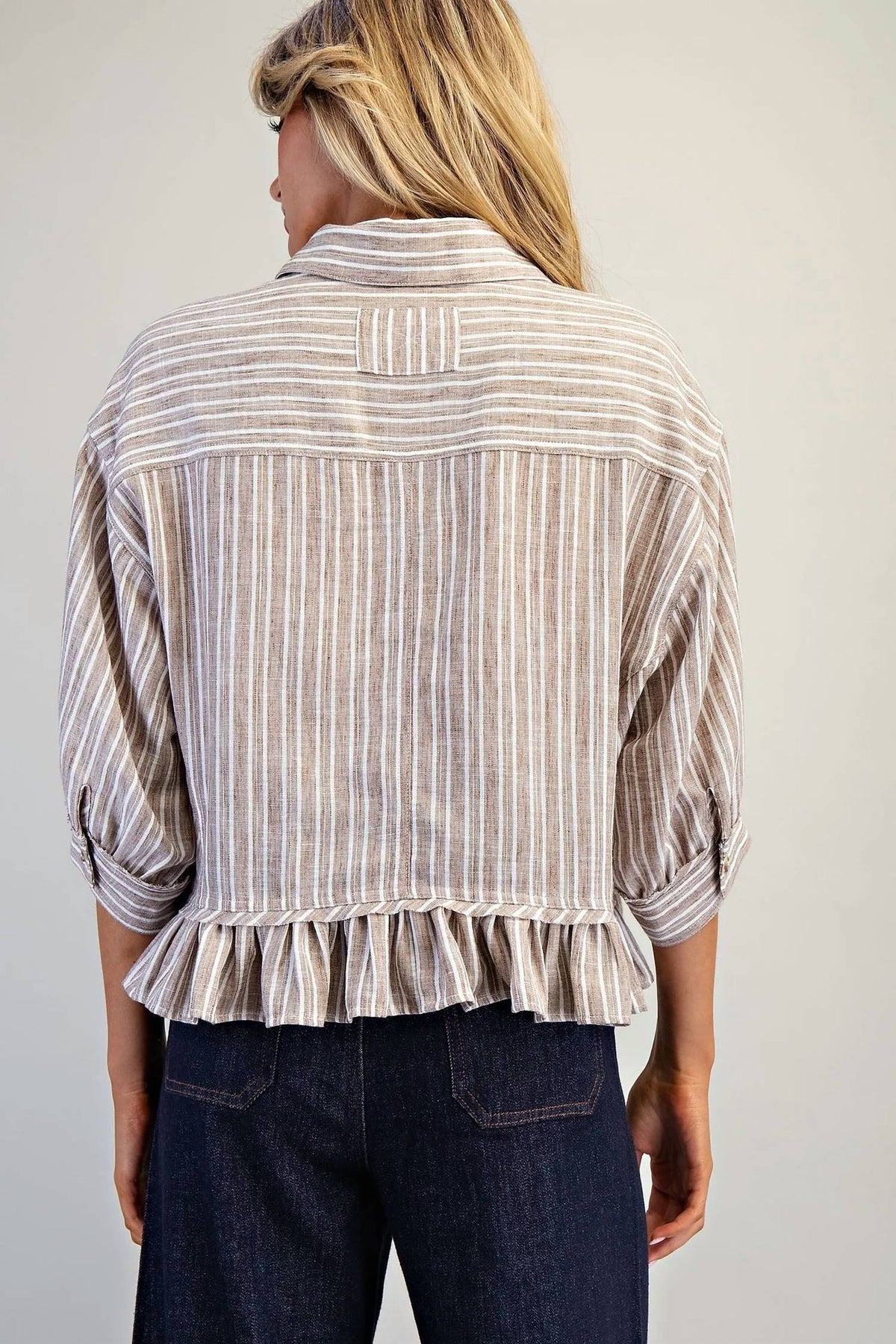 Ee:Some - Striped Button Down Ruffled Hem Shirt