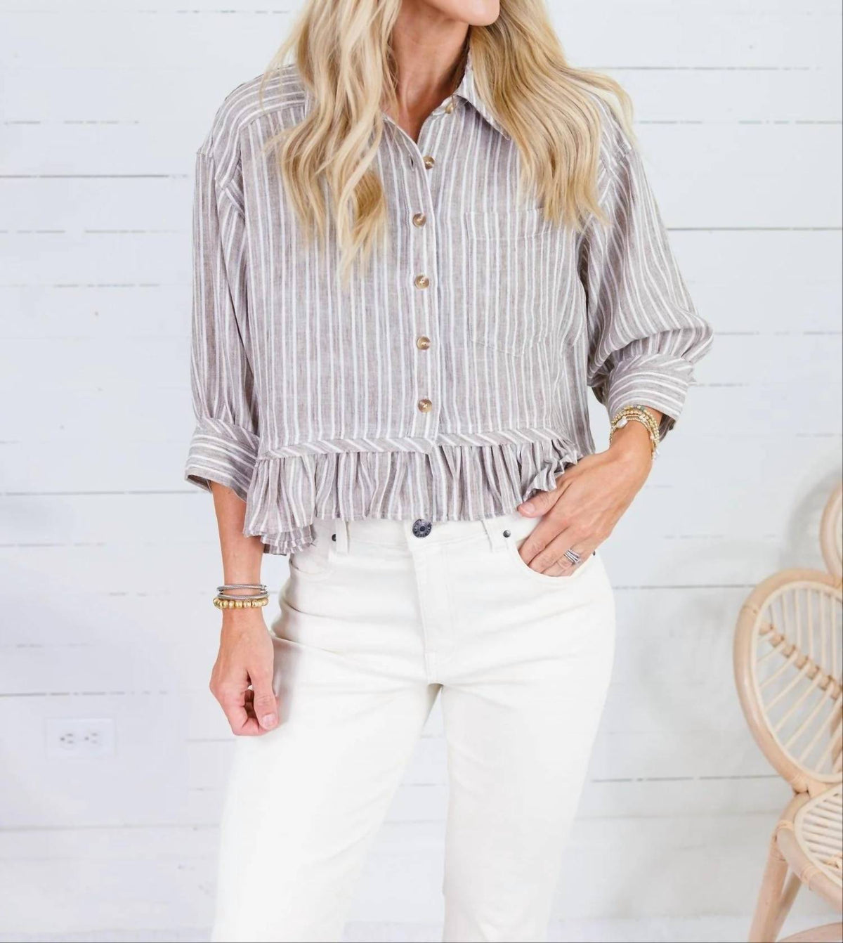 Ee:Some - Striped Button Down Ruffled Hem Shirt