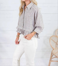 Ee:Some - Striped Button Down Ruffled Hem Shirt