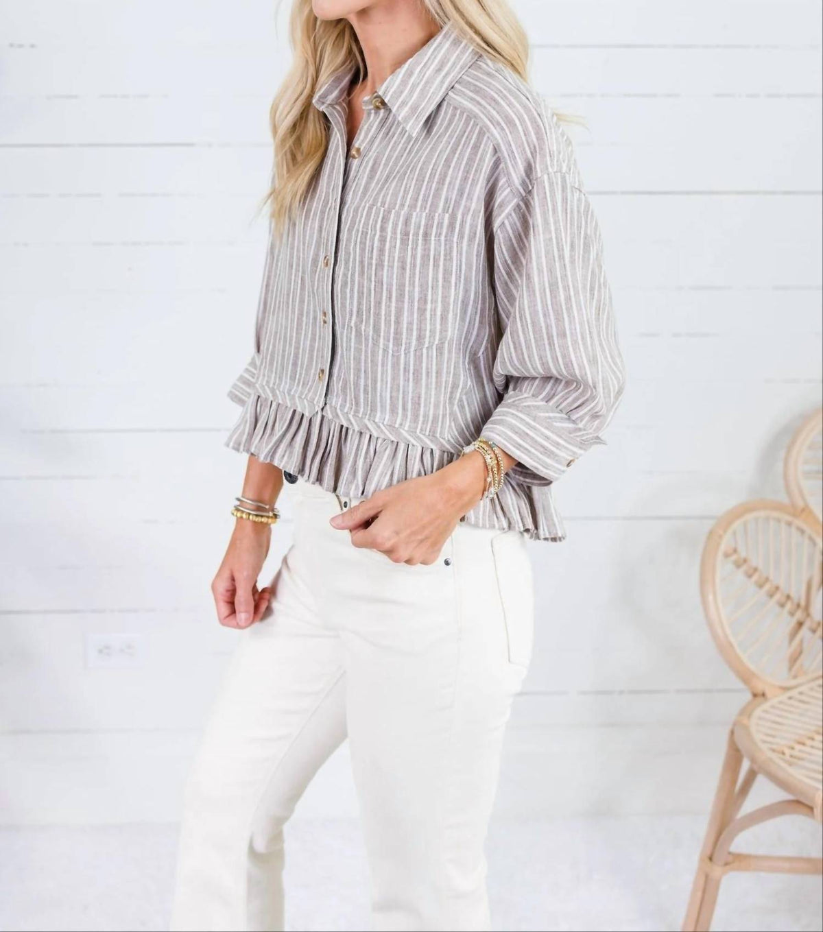 Ee:Some - Striped Button Down Ruffled Hem Shirt