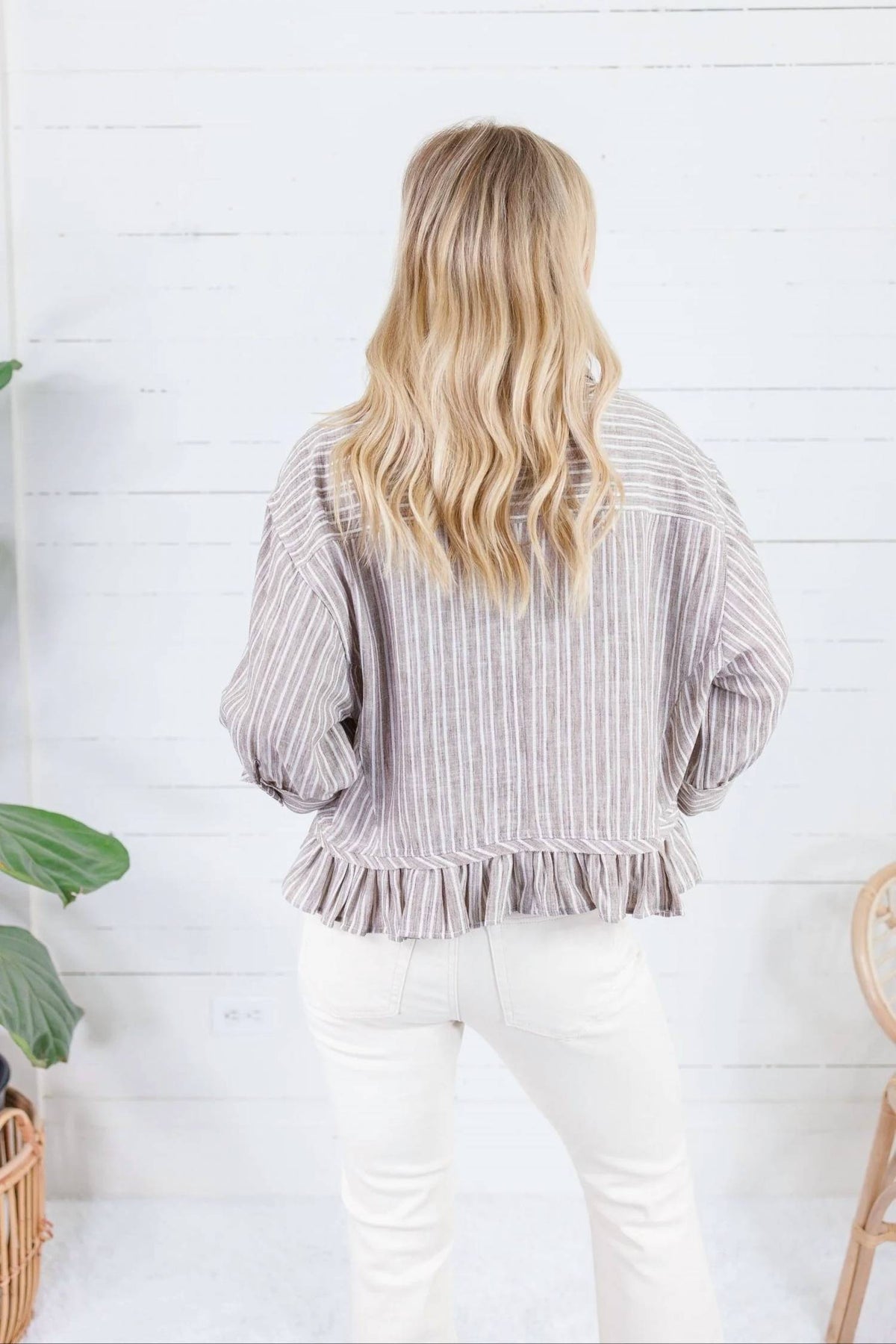 Ee:Some - Striped Button Down Ruffled Hem Shirt