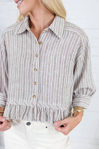 Ee:Some - Striped Button Down Ruffled Hem Shirt