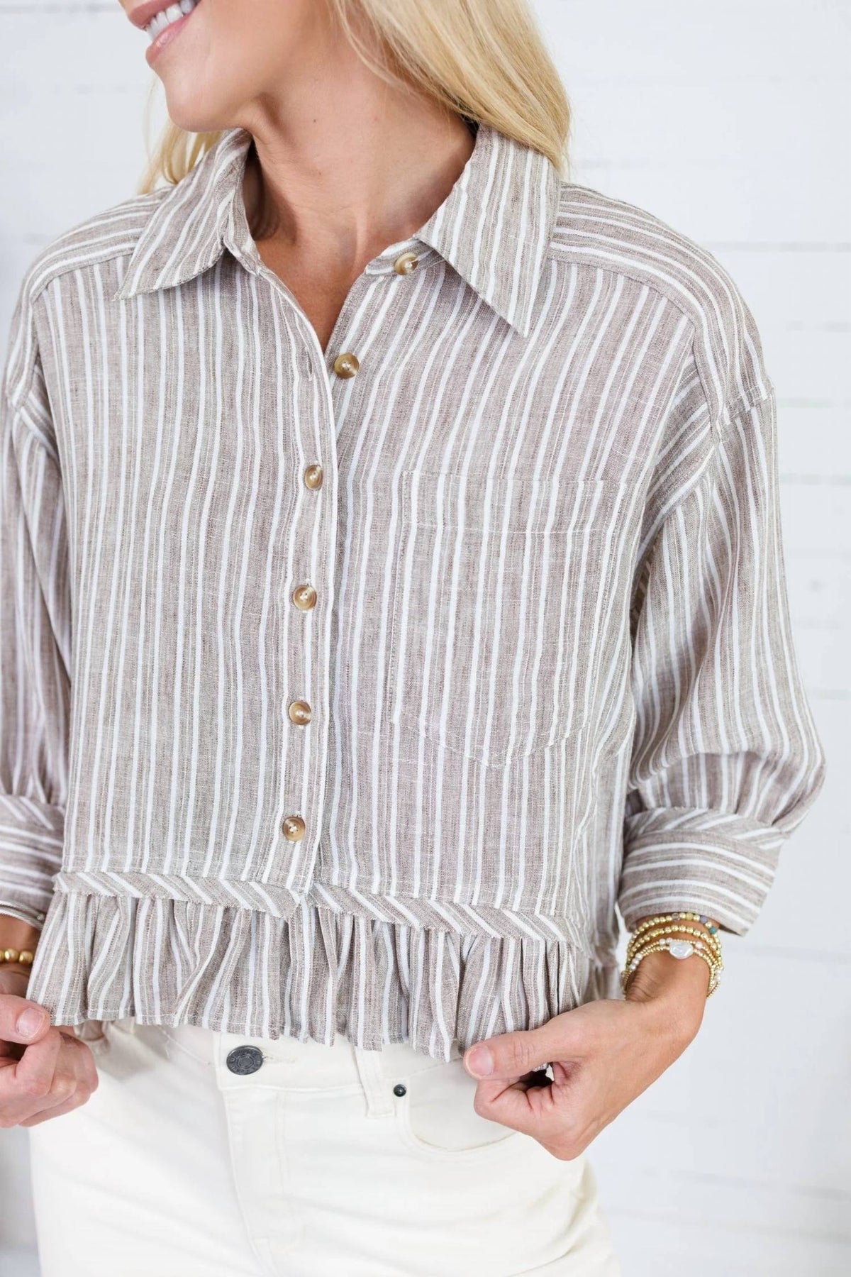 Ee:Some - Striped Button Down Ruffled Hem Shirt